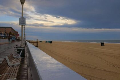 View of the beach from the boardwalk in Ocean City, Maryland