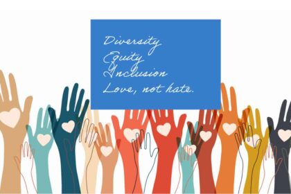 Multi-colored arms raised with hearts on their hands