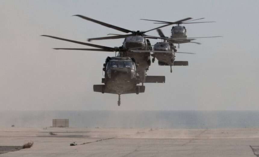 Black hawk military helicopters