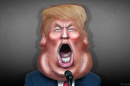 Caricature of Donald Trump with a big open mouth