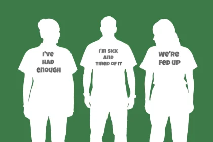 Grassroots activism three people wearing t-shirts with slogans