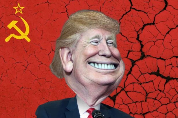 Donald trump caricature on a russian flag background