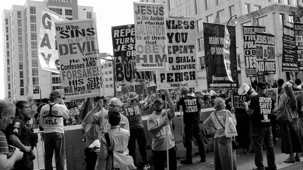 Protesters at the atlanta pride parade in 2017