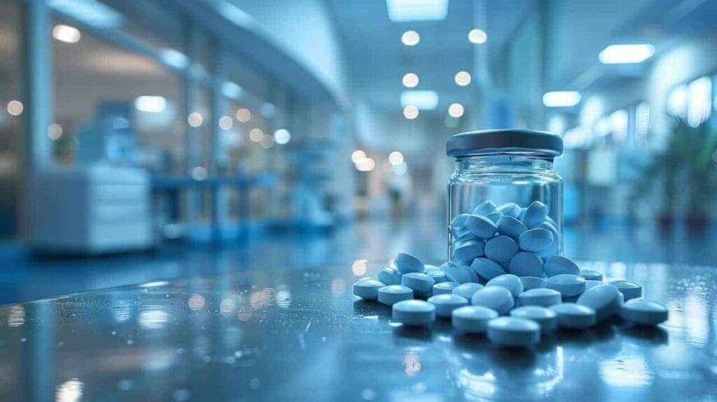 Pill bottle with pills around it on a stainless steel exam table