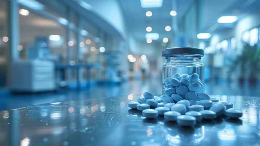 Pill bottle with pills around it on a stainless steel exam table