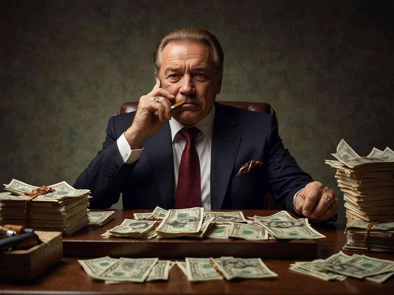 Get money out of congress. Politician sits at a desk with stacks of money on it