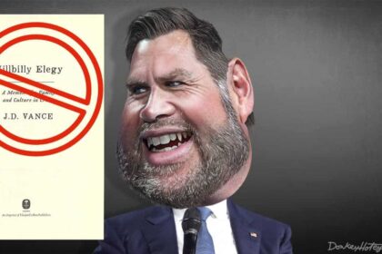 Caricature of JD Vance looking at his banned book, Hillbilly Elegy