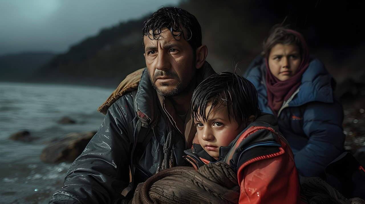 Immigrant family on a boat at sea
