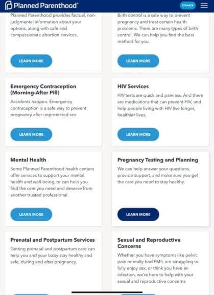 Screenshot of the services page on the anti-Christian bias? official website for Planned Parenthood