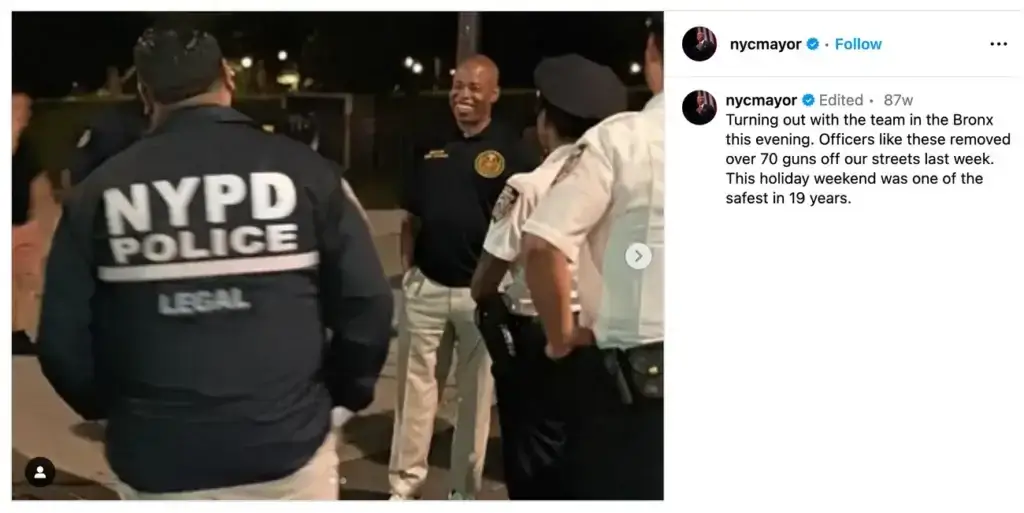 Screenshot of Instagram post with photo of NYPD unit CRT