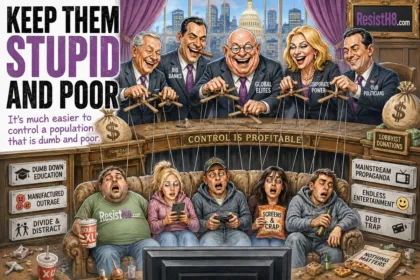Scene where politicians hold the strings of american puppets on a couch in front of a television showing propaganda. The keep them stupid and poor agenda