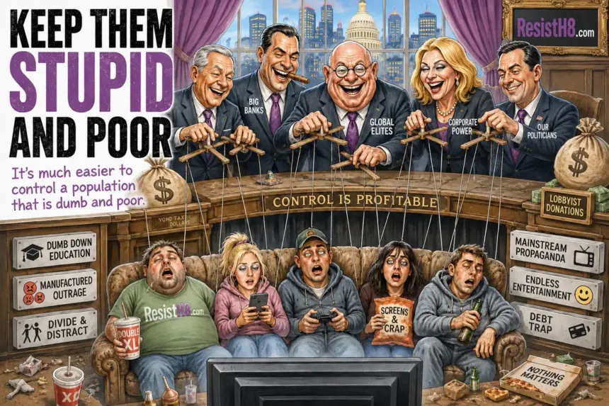 Scene where politicians hold the strings of american puppets on a couch in front of a television showing propaganda. The keep them stupid and poor agenda