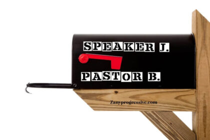Black mailbox with letter stickers spelling out the names SPEAKER J and PASTOR B