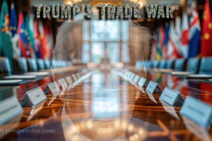 World meeting table with Teump’s face superimposed on the photo