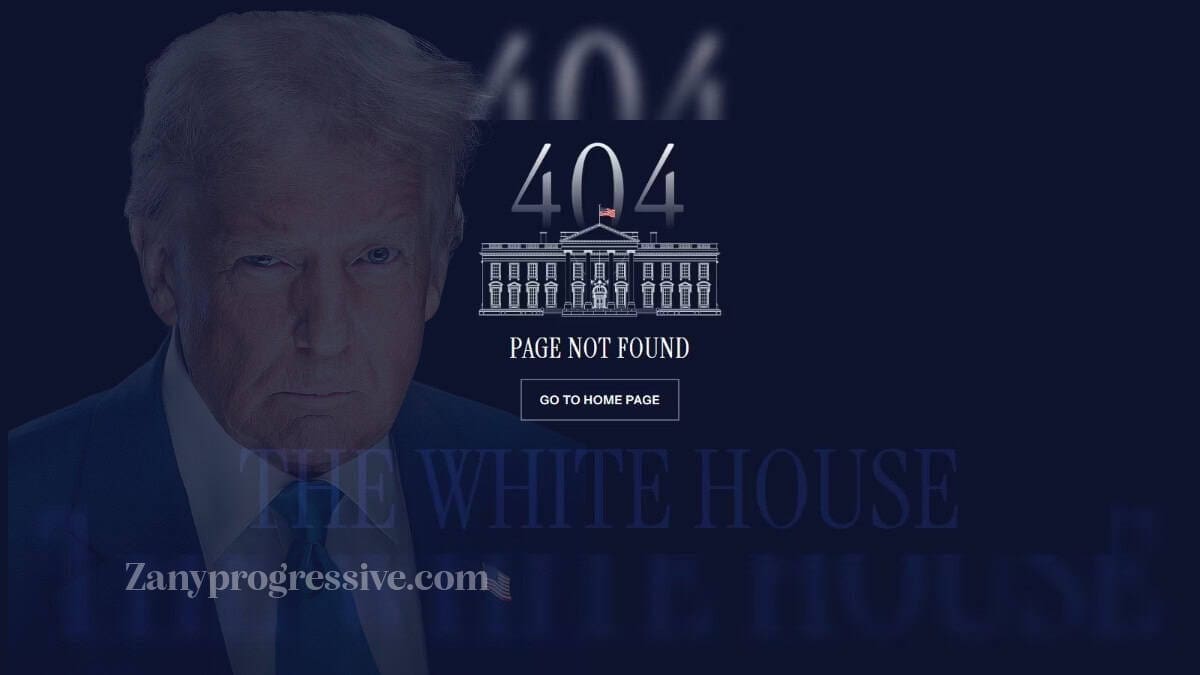 Official 404 page of the white house website with trump’s official portrait blending into it.