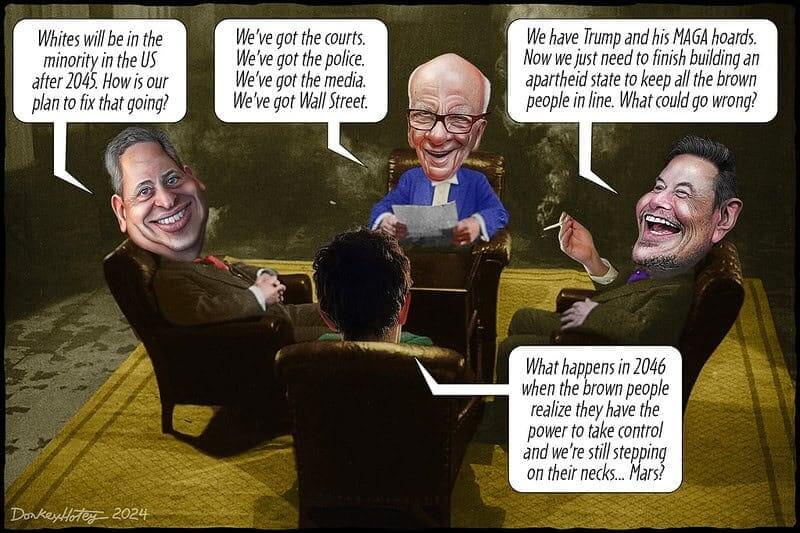 Iowa stripped civil rights from trans people political illustration of the 3 richest men discussing diversity
