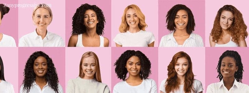A collage of women's faces on a background of various shades of pink