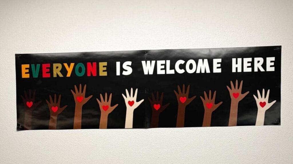 Republicans are racist for seeing this  everyone is welcome here sign in a classroom as divisive.