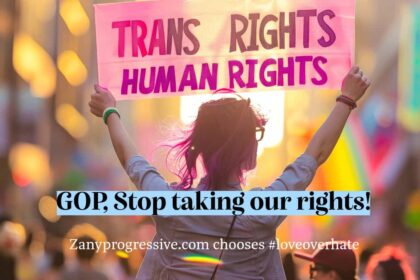 Woman holding a sign that says, TRANS RIGHTS ARE HUMAN RIGHTS