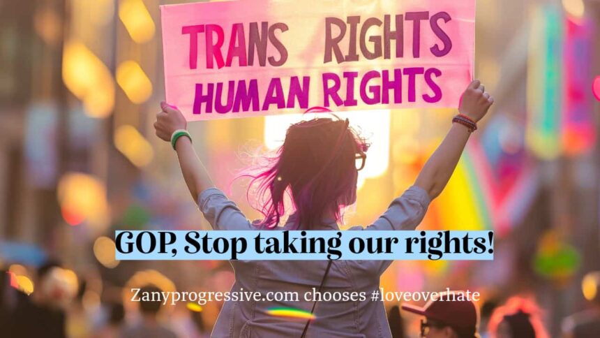 Woman holding a sign that says, trans rights are human rights