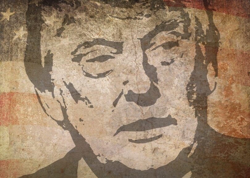 Graphic showing donald trump is a fascist with the appearance of photos of past dictators.