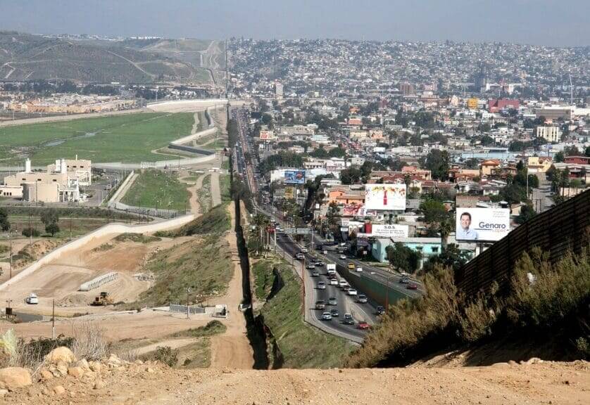 View of the border wall splitting the U.S. and Mexico
