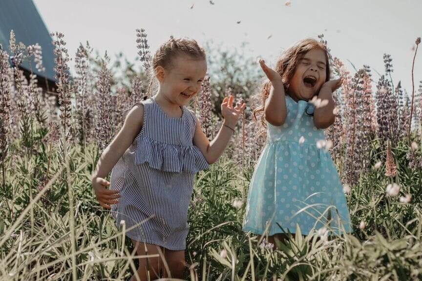 Happy little girls in a flower field