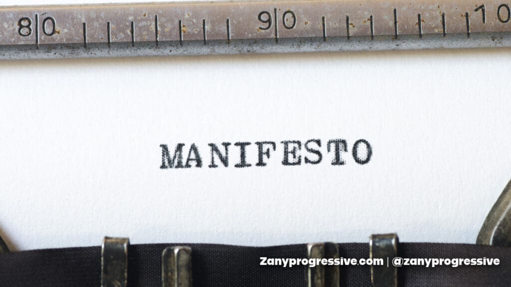 Paper in a typewriter with manifesto typed on it