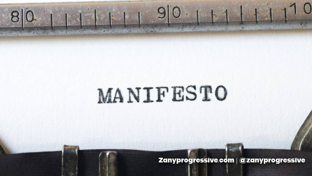 Paper in a typewriter with manifesto typed on it