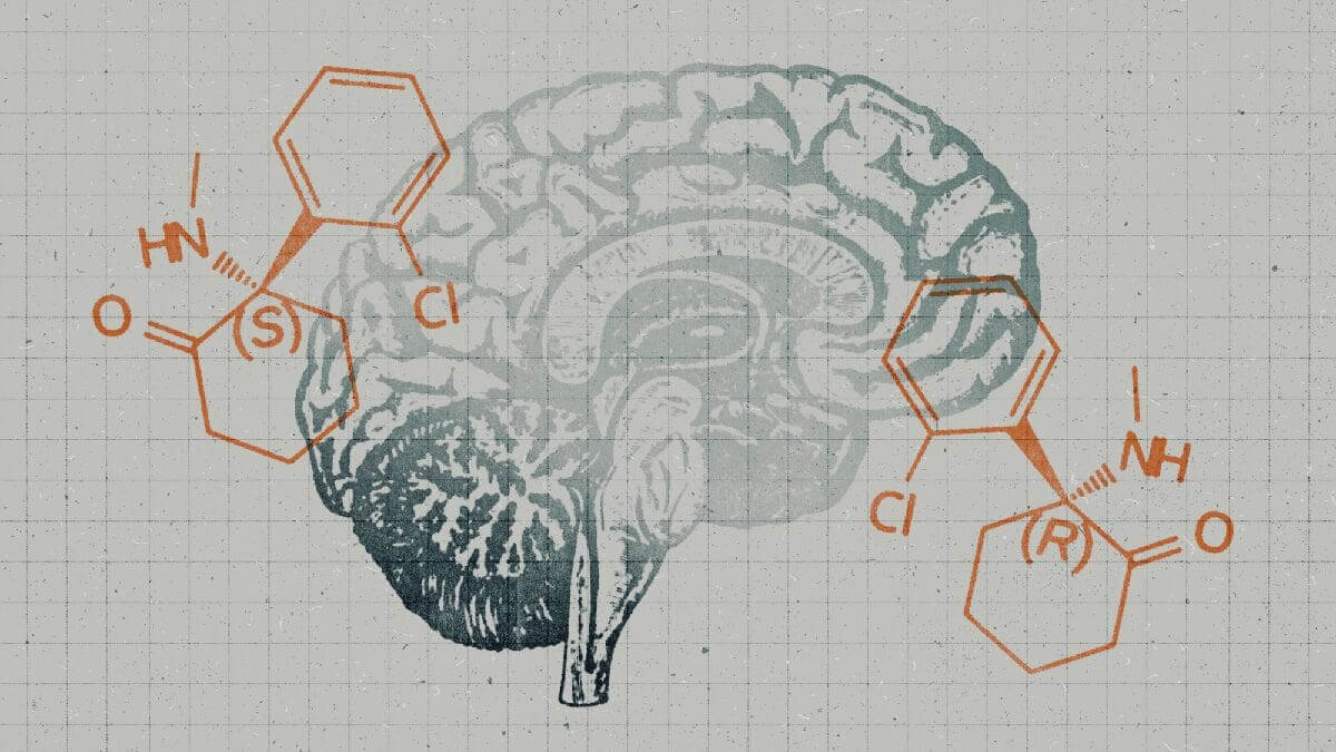 Illustration of a brain with the chemical formula for ketamine