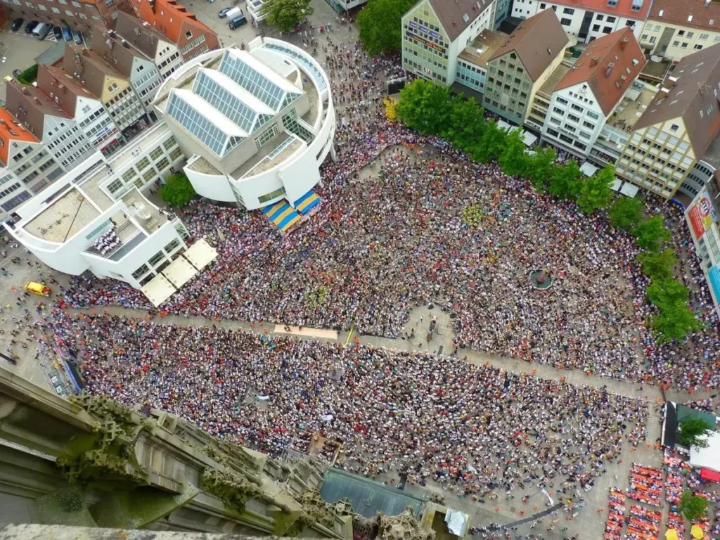 Aerial view of a campus protest