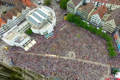 Aerial view of a campus protest
