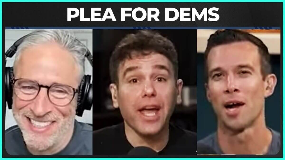 Jon stewart and pod save america hosts