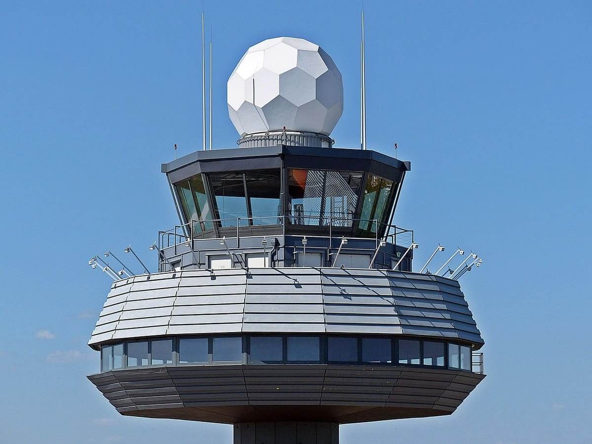 Air traffic controllers work in a control tower like this one.