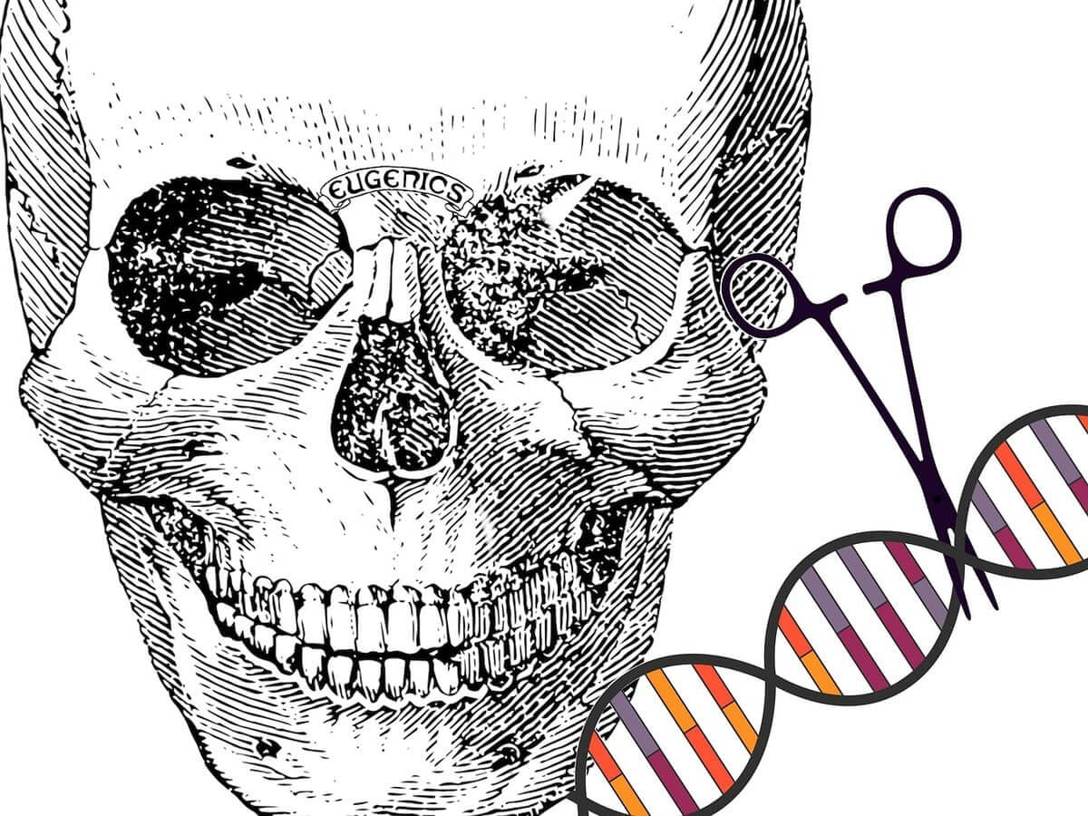 Eugenics: illustration of a skull and surgicalscissors cutting a strand of dna