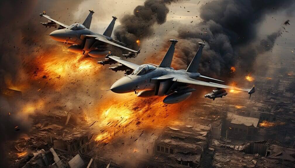 Planes flying over a city and dropping bombs. Ai-generated