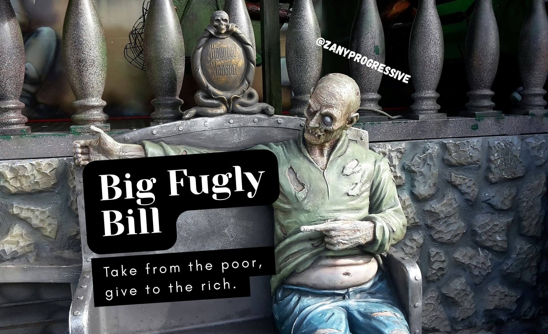 Big fugly bill being shown by a zombie sitting on a wooden bench in a haunted house.