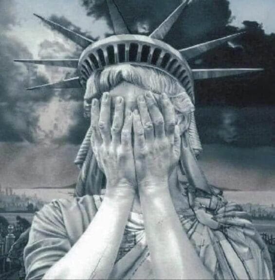Statue of liberty, hands over her face, crying after ice deported at least 70 us citizens