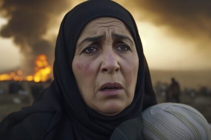 Genocide in Gaza. Photo of an Arab women with a war going on behind her.