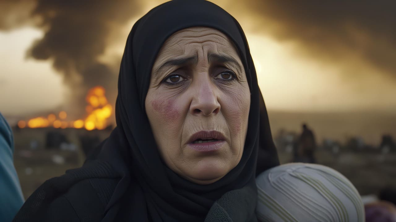 genocide gaza Genocide in gaza. Photo of an arab women with a war going on behind her.