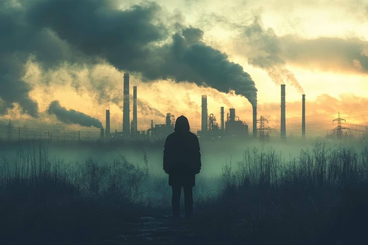 A man looks across a river at the multitude of factories pumping pollution into the air