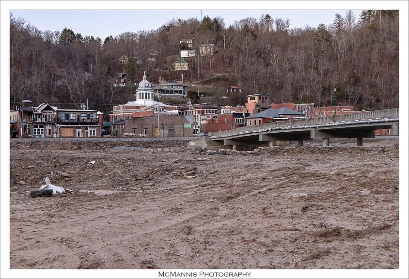 Myths about climate change. Town in north carolina 5 months after helene. The flooding washed away main street.