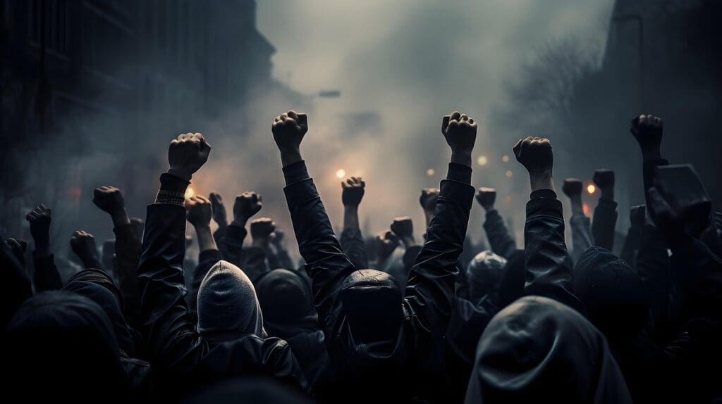 Dark image of protesters on a dark, smoky street