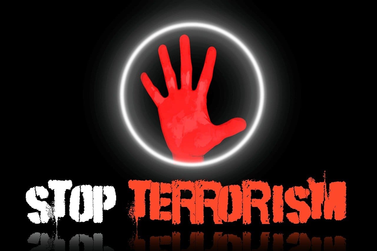 Stop terrorism banner. Neocons view the middle east as a cesspool full of terrorists. Sleeper cells