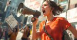 Ai-generated image of a protester with a bulhorn dhour7ng image