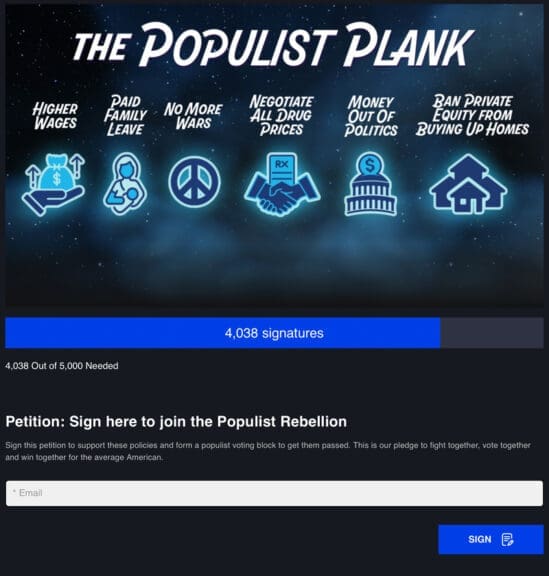 Big fugly bill screenshot of the populist plank petition page