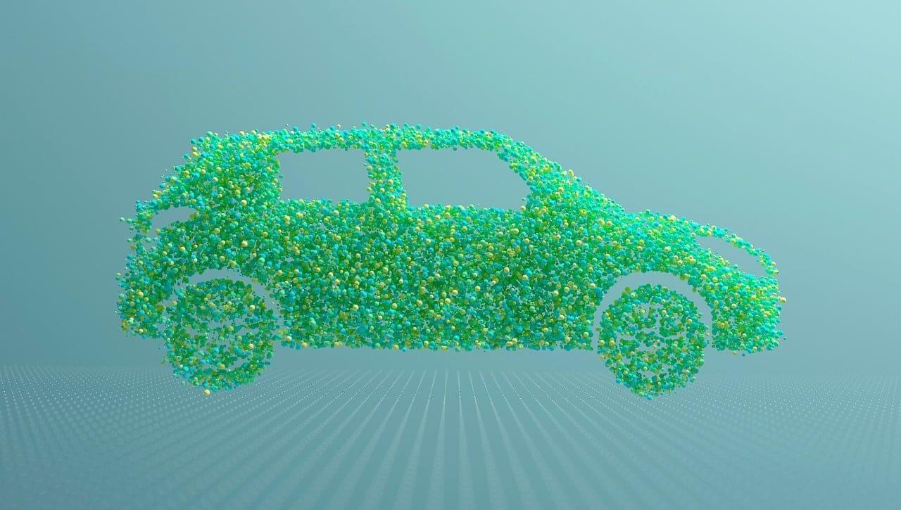 Illustration of an electric vehicle made of flowers and plants