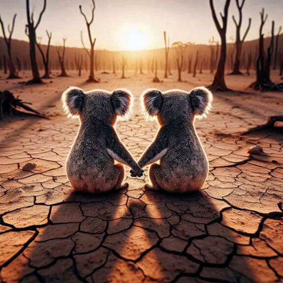 Two koala bears hold hands as they look at their habitat destroyed by climate change is a hoax lies  and drought.