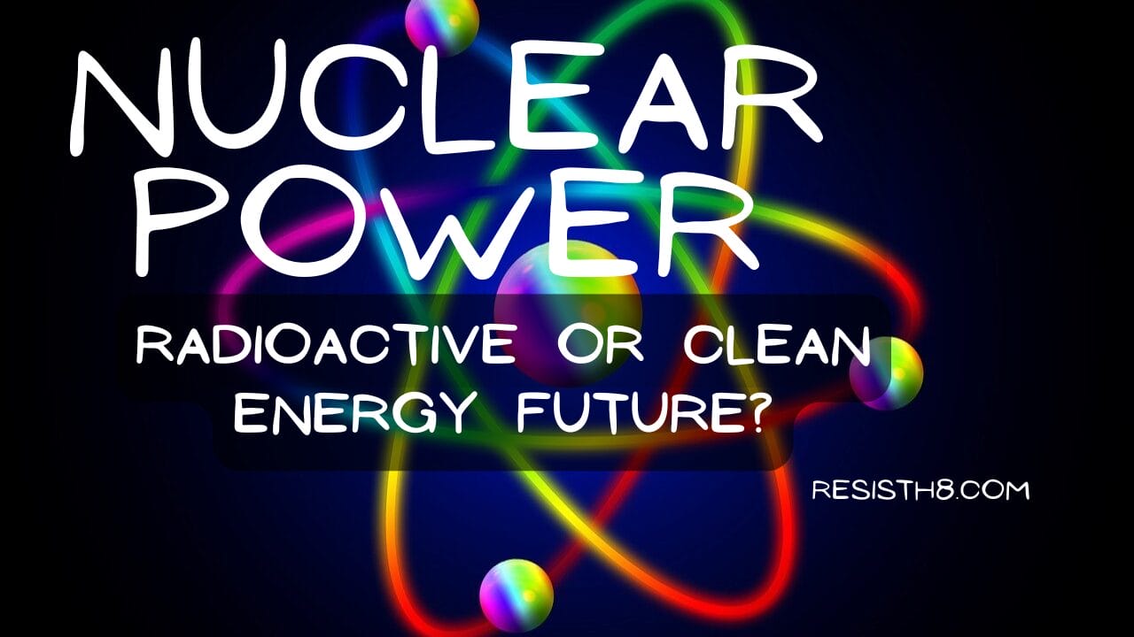 Nuclear power, nuclear energy graphic. Rainbow atom on black background