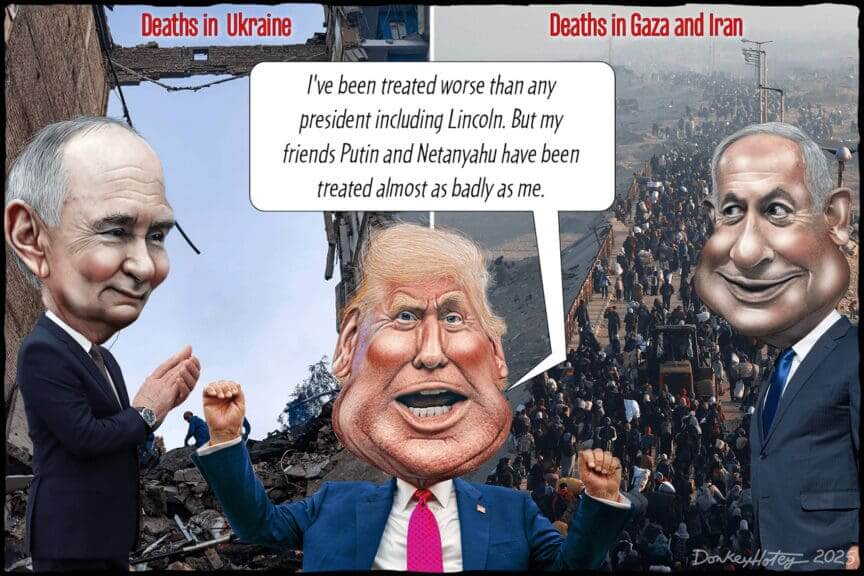 Illustration of Putin, Trump, and Netanyahu. Russian oil